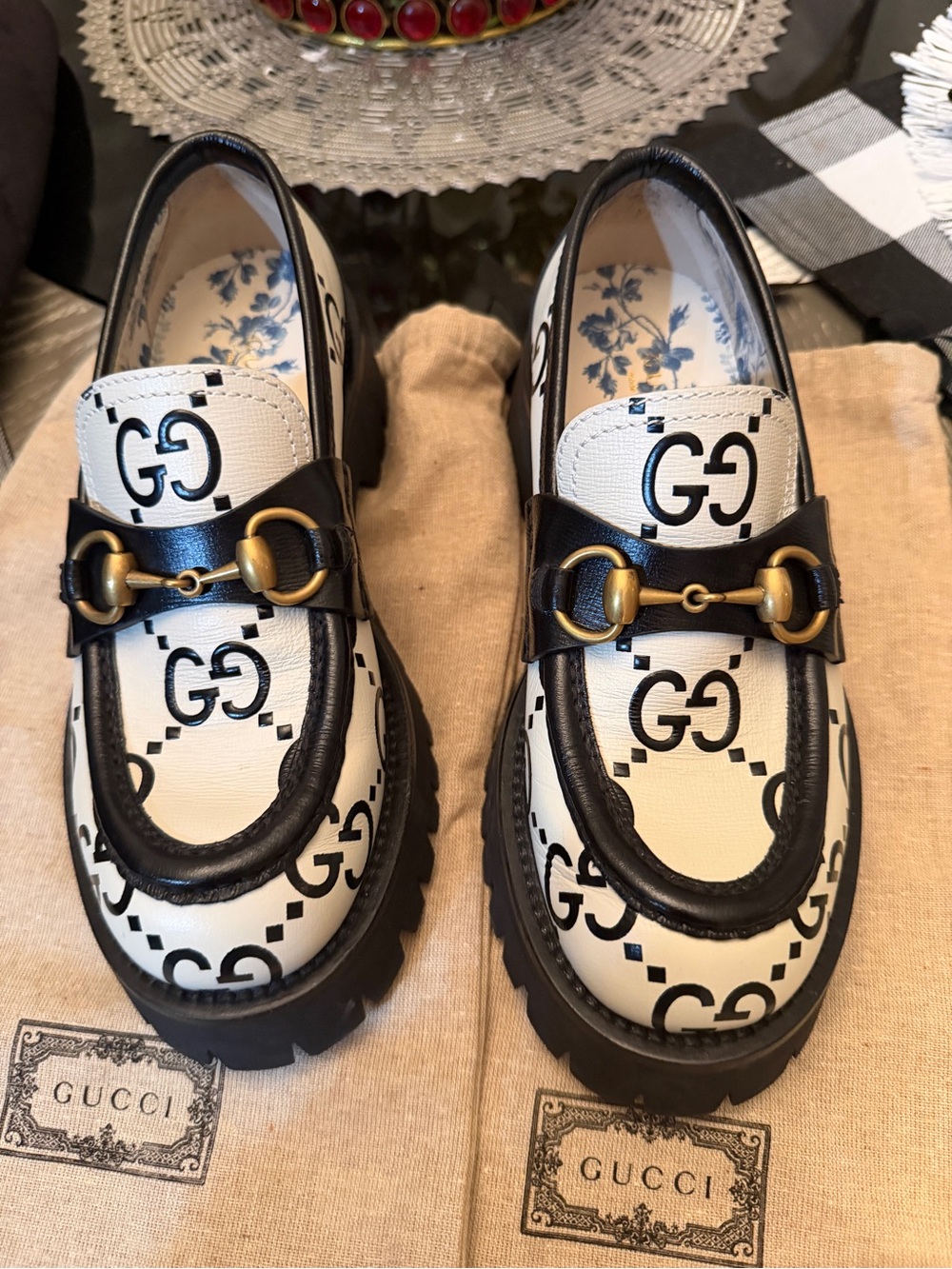 Gucci Cream & Black Logo Horsebit Loafers
